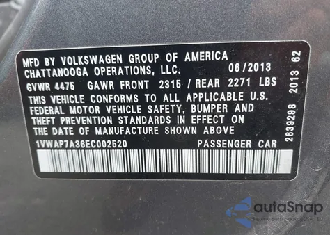 2014 Volkswagen Passat 2.5L S z USA, uszkodzony, nr VIN 1VWAP7A36EC002520